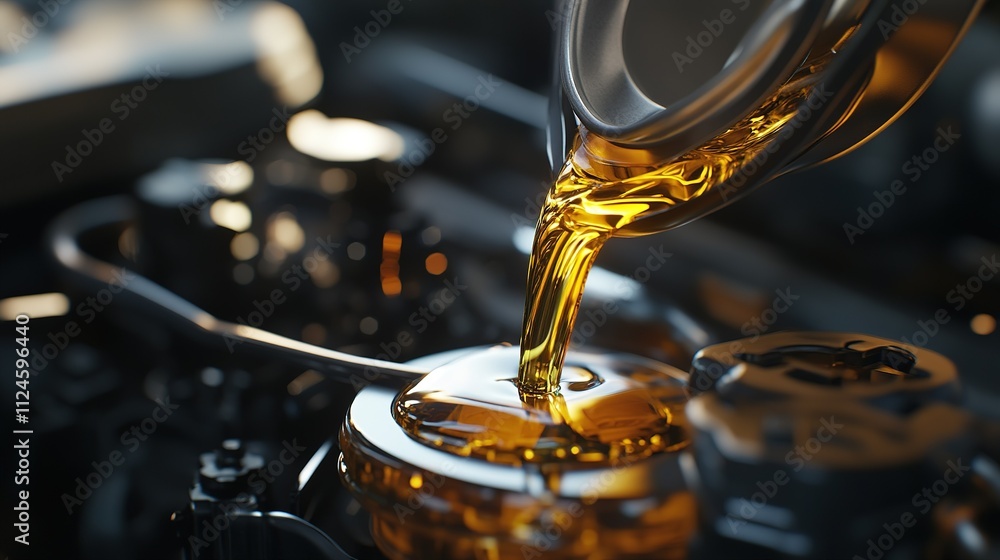 engine oil being poured from a bottle into an engine, close-up engine oil being poured from a bottle into an engine, close-up