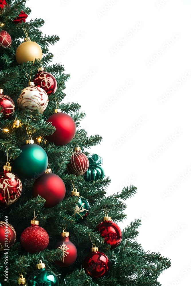 Fototapeta premium Beautiful Christmas Tree Decorated with Red, Gold, and Green Baubles on White Background - Festive Holiday Design Perfect for Seasonal Celebrations