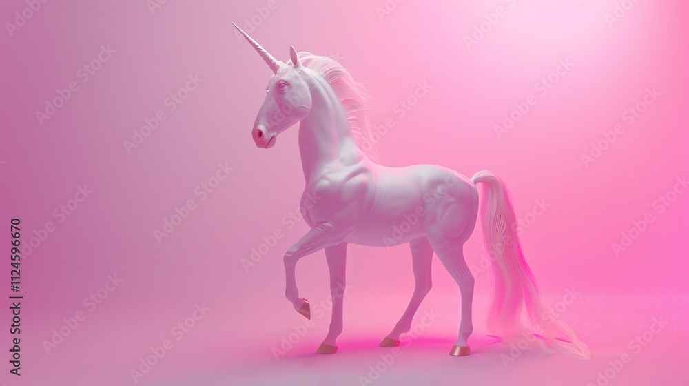 A white unicorn with a pink mane and a rainbow tail stands on a pink background. A white unicorn with a pink mane and a rainbow tail stands on a pink background.