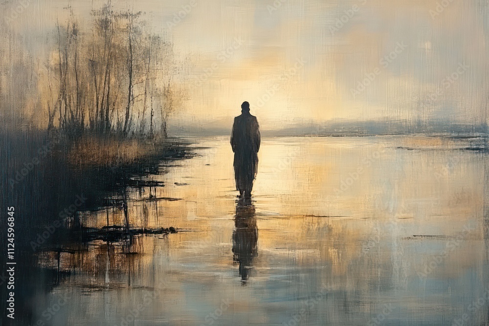 Jesus Christ Walking on Water in a Serene Landscape Digital Oil Painting Jesus Christ Walking on Water in a Serene Landscape Digital Oil Painting