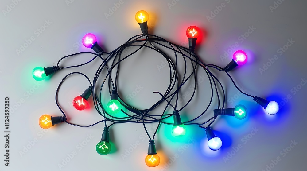 Fototapeta premium Decorative string of Christmas fairy lights in vibrant colors on a white background