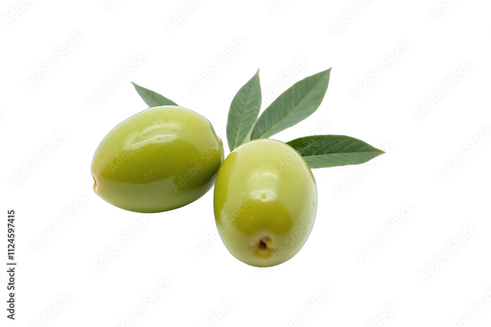 Obraz premium Two green olives white background glossy green leaves arrangement
