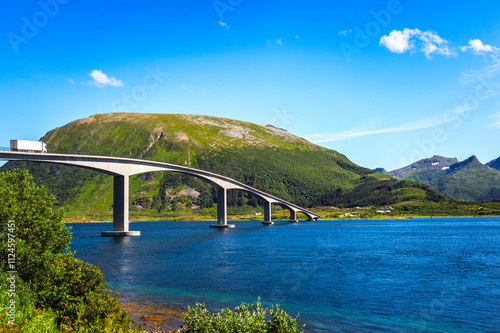 Gims�ystraumen Bridge in Lofoten, Norway with scenic landscape photo