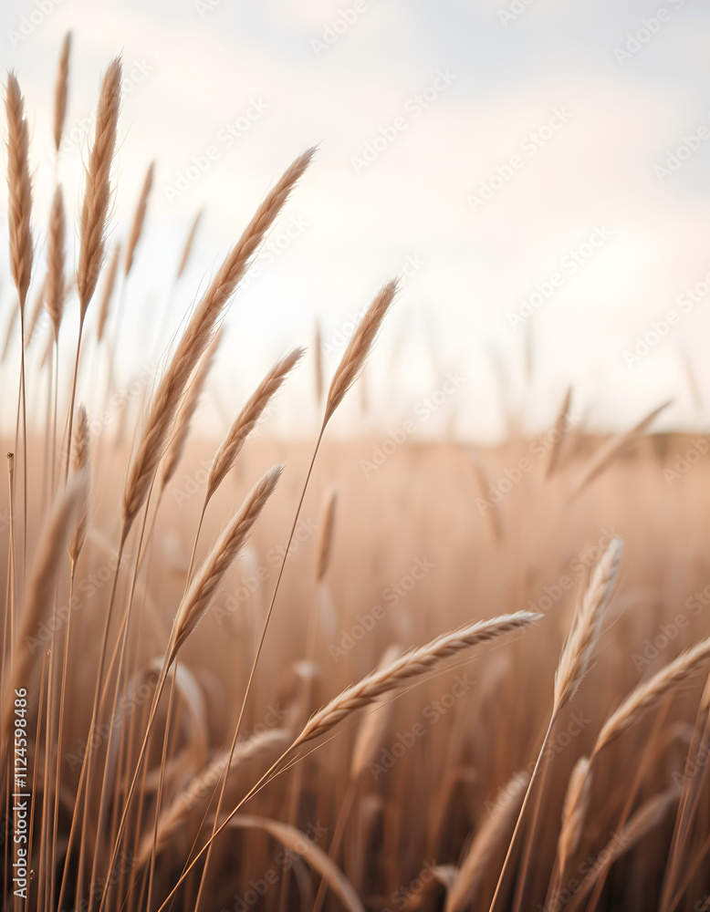 Fototapeta premium Beige wild grass and blue sky as Natural textured banner, contour light, organic design blur background, soft pastel color. Aesthetic nature scenery, minimal autumn seasonal ornament patterns, glowi