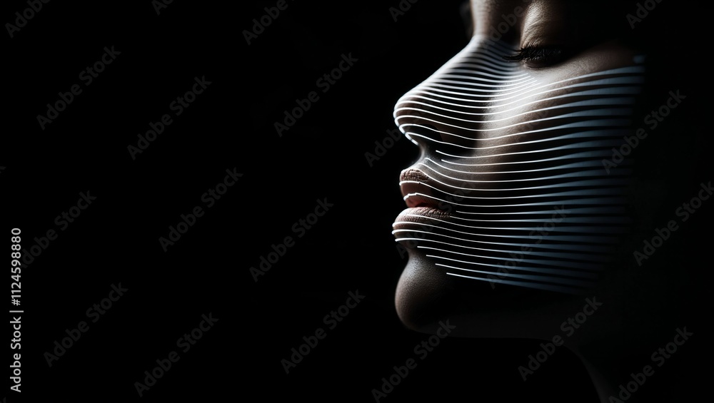 An ethereal portrayal of a woman's profile featuring enchanting light lines, creating a mesmerizing blend of art and emotion against a dark backdrop that inspires wonder. An ethereal portrayal of a woman's profile featuring enchanting light lines, creating a mesmerizing blend of art and emotion against a dark backdrop that inspires wonder.