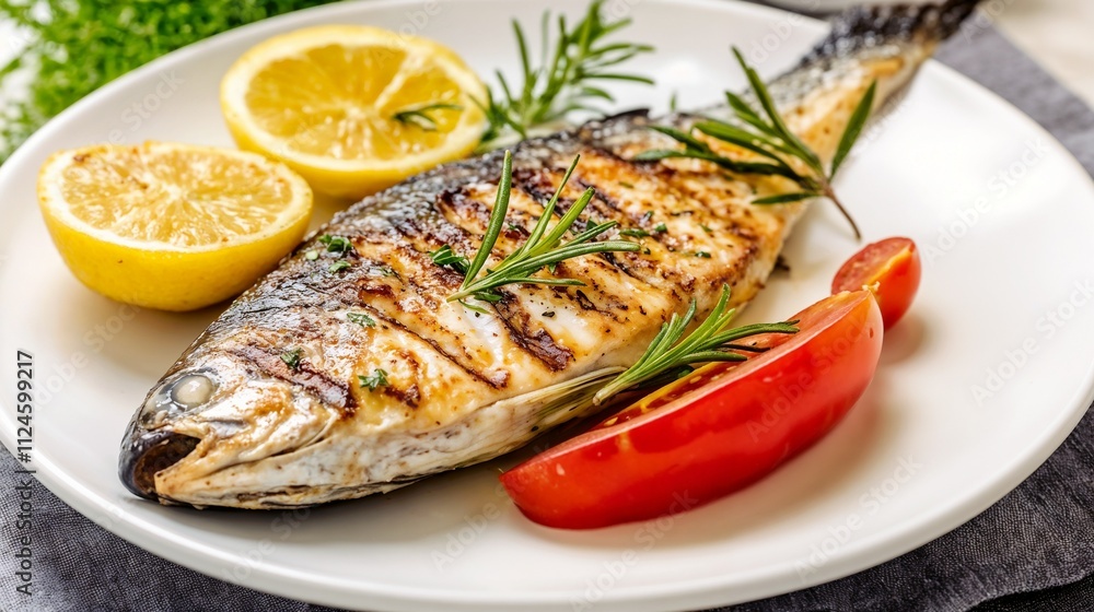 Grilled dorado with lemon and tomato on a plate Grilled dorado with lemon and tomato on a plate