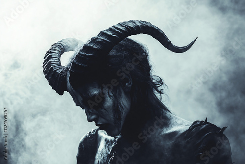 A dramatic side profile of a demon with curved horns shadowy features and glowing highlights surrounded by eerie misty fog  
 photo