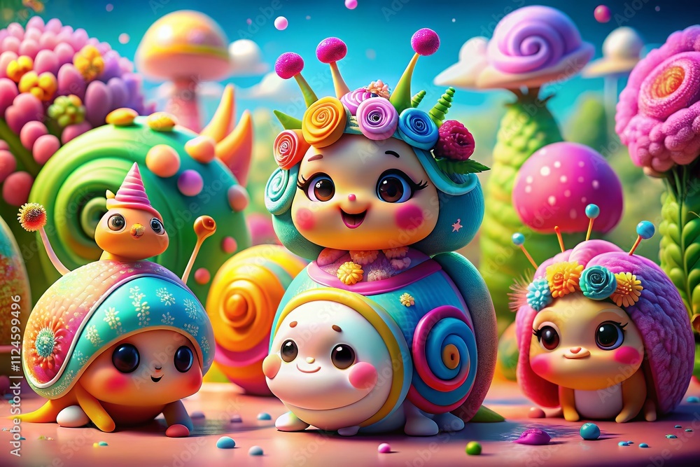 Fototapeta premium Adorable and Playful Kawaii Snail Characters in Fashion Photography Style, Featuring Colorful Outfits, Accessories, and Expressive Faces, Perfect for Whimsical Art and Merchandise