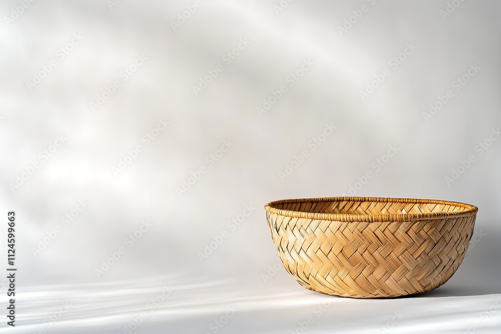 Obraz premium Woven basket on light background with shadows, space for text.
