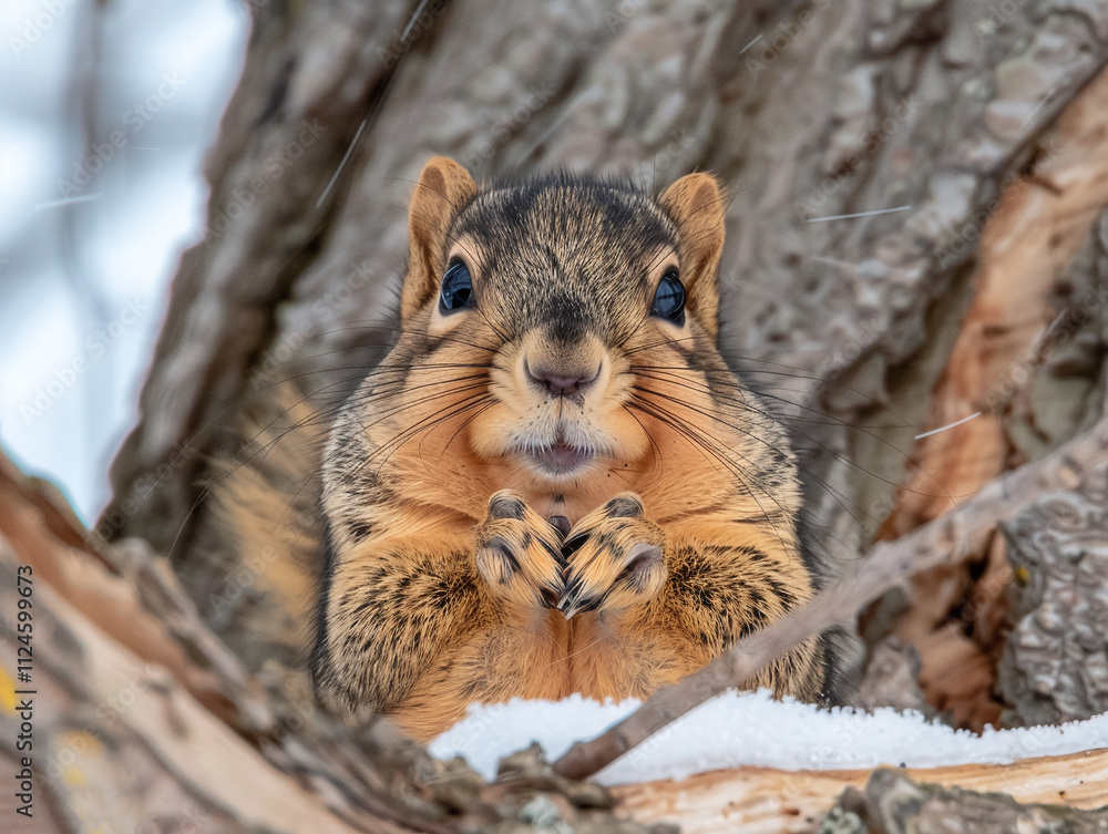 A squirrel with its eyes wide open and mouth slightly ajar, possibly in mid-chew A squirrel with its eyes wide open and mouth slightly ajar, possibly in mid-chew