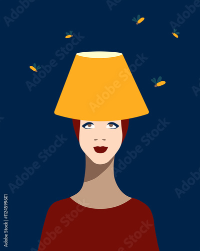 Cartoon illustration of a thoughtful woman with a lampshade on her head surrounded by fireflies photo