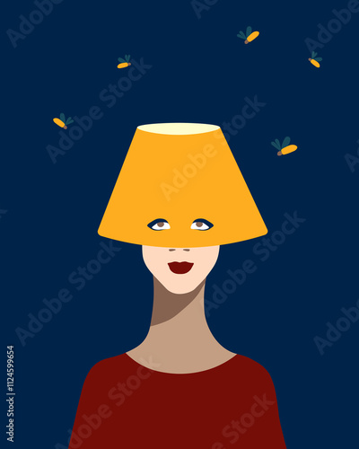 Cartoon illustration of a thoughtful woman looking through a lampshade with fireflies flying around photo