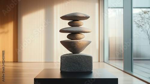 Modern minimalist stone sculpture in sunlit gallery space with zen aesthetic photo