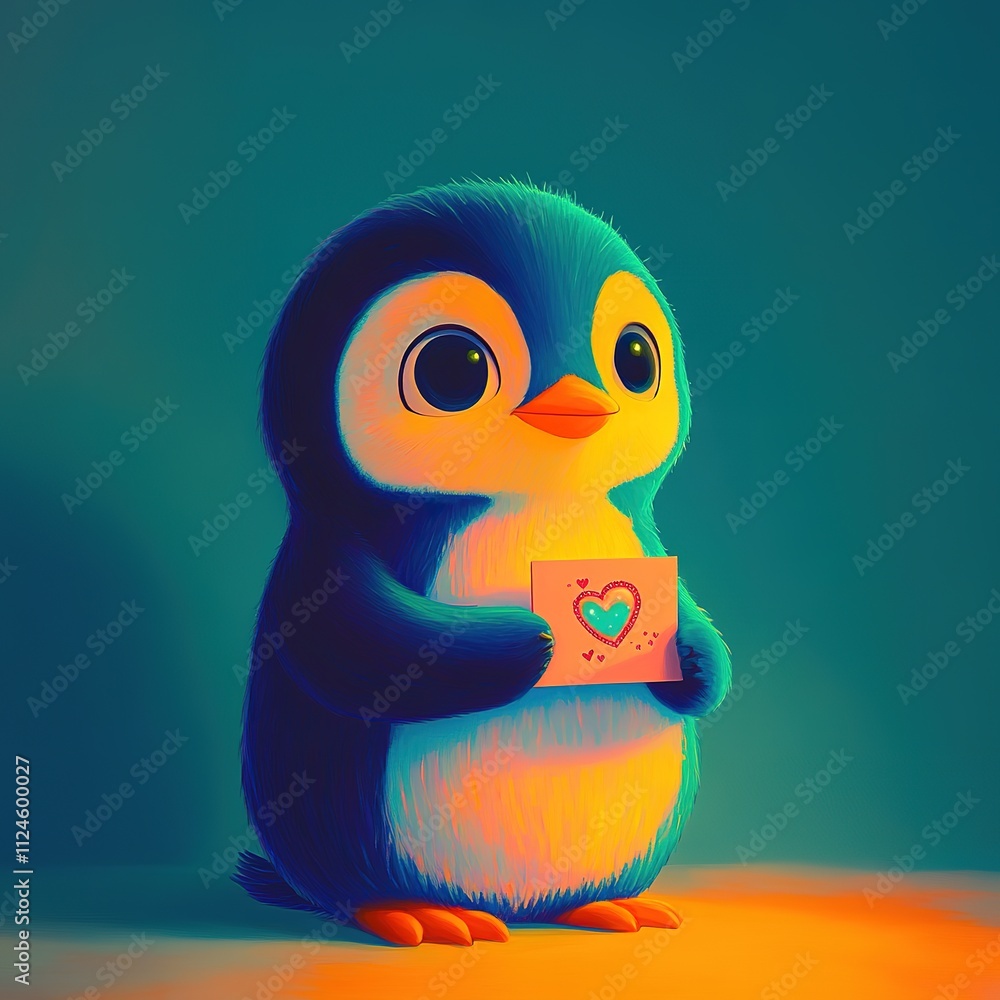 Obraz premium minimalist product photography of cartoon penguin holding small valentine card radiant studio lighting endearing style