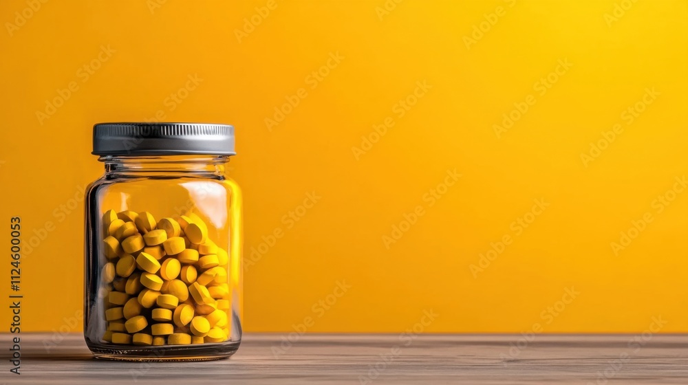 Yellow Pills in Glass Jar on Yellow Background Yellow Pills in Glass Jar on Yellow Background