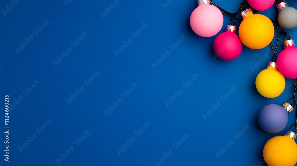 Blue background with a row of colorful Christmas lights. The lights are arranged in a way that they are not touching the blue background Blue background with a row of colorful Christmas lights. The lights are arranged in a way that they are not touching the blue background