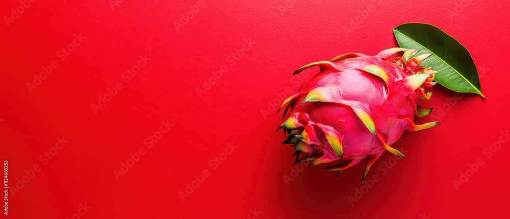 A vibrant dragon fruit rests against a bold red background, showcasing its unique texture and colors. A vibrant dragon fruit rests against a bold red background, showcasing its unique texture and colors.