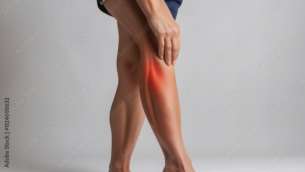 A person holding their leg, indicating discomfort or pain in the calf area. A person holding their leg, indicating discomfort or pain in the calf area.