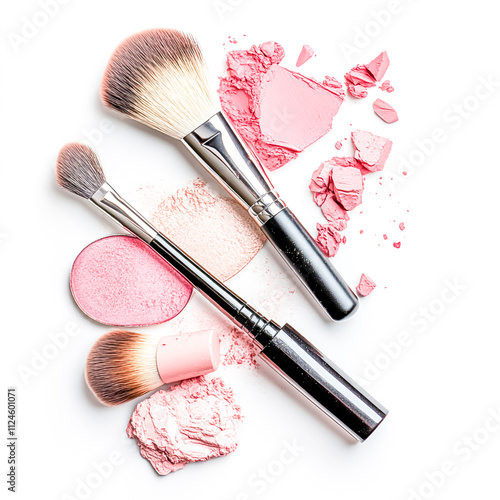 Collection of professional makeup tools and cosmetics with lipstick, brushes, and blush Isolated on white background photo