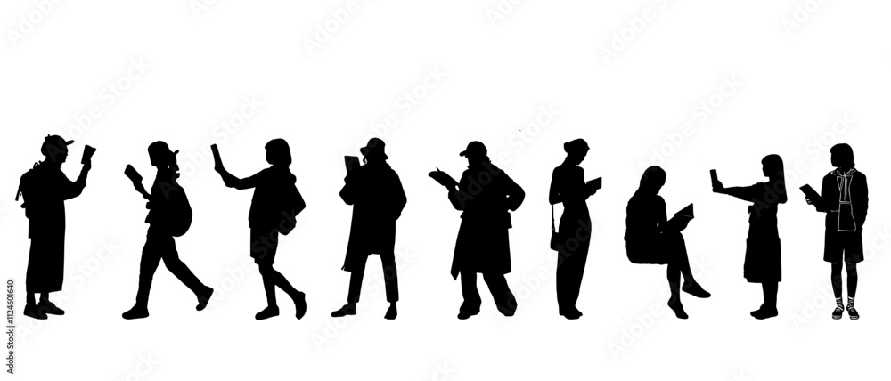 Obraz premium Vector design silhouette set of people reading books 3