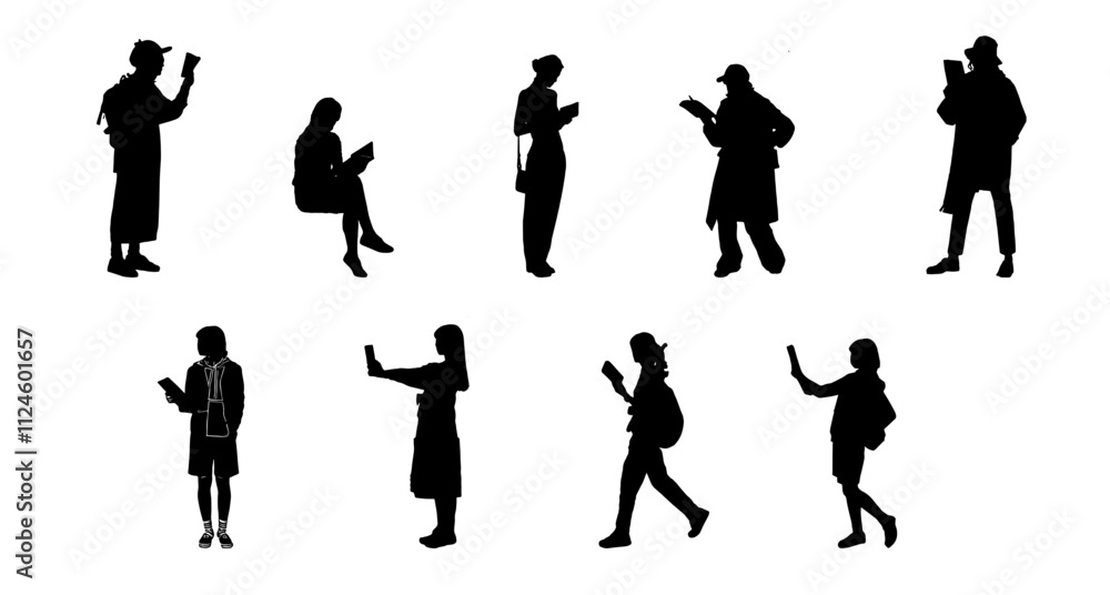 Vector design silhouette set of people reading books 2 Vector design silhouette set of people reading books 2