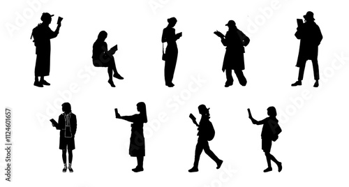 Vector design silhouette set of people reading books 2