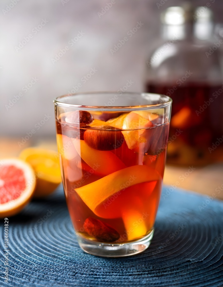 A glass of fruit compote served cold in a clear tumbler with floating fruit pieces. A glass of fruit compote served cold in a clear tumbler with floating fruit pieces.