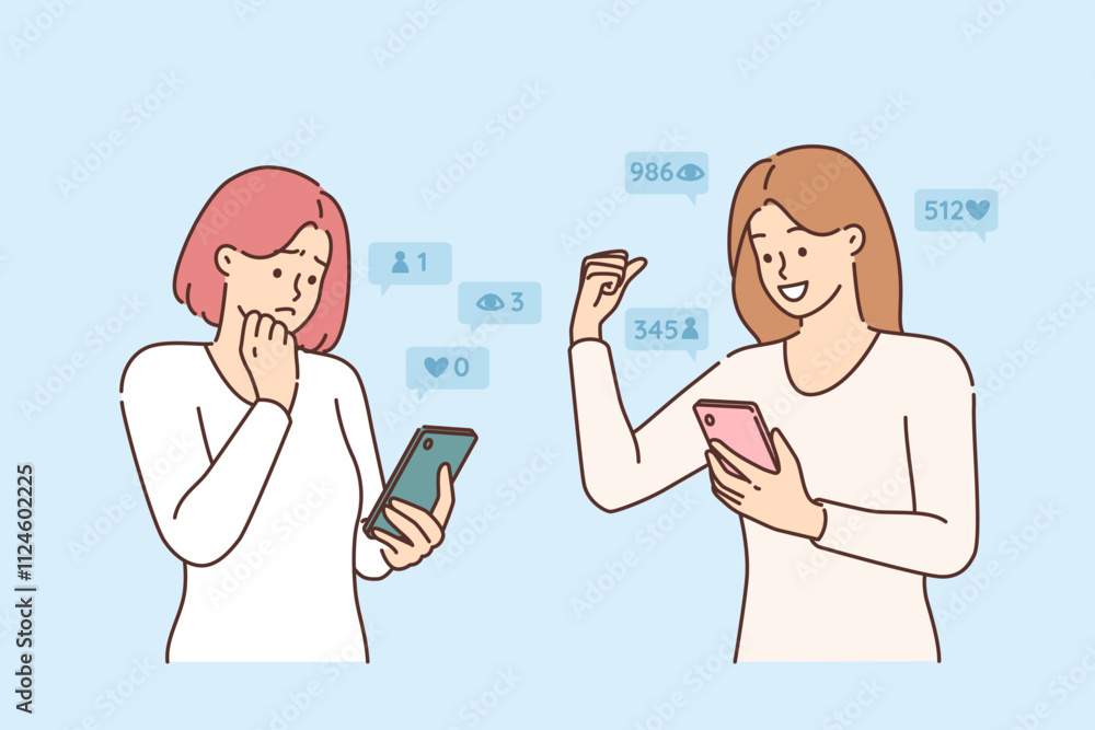 Women bloggers track reactions to content on social network for smartphones, and are happy or sad Women bloggers track reactions to content on social network for smartphones, and are happy or sad