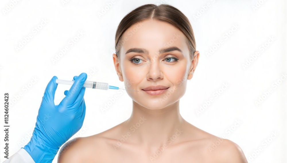 Young woman beauty procedures cosmetologists hands gloves skin injection syringe clean white background Young woman beauty procedures cosmetologists hands gloves skin injection syringe clean white background
