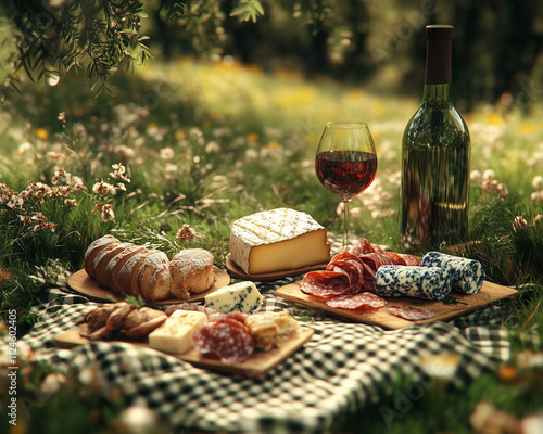 A rustic picnic setup in a sunny meadow features fresh bread, cheeses, cured meats, a bottle of red wine, and a glass on a checkered cloth surrounded by wildflowers photo