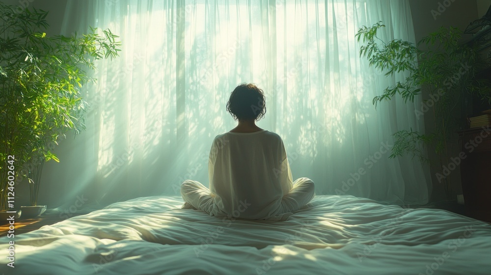 Woman Struggling with Morning Headache in a Minimalist Japanese Bedroom Woman Struggling with Morning Headache in a Minimalist Japanese Bedroom