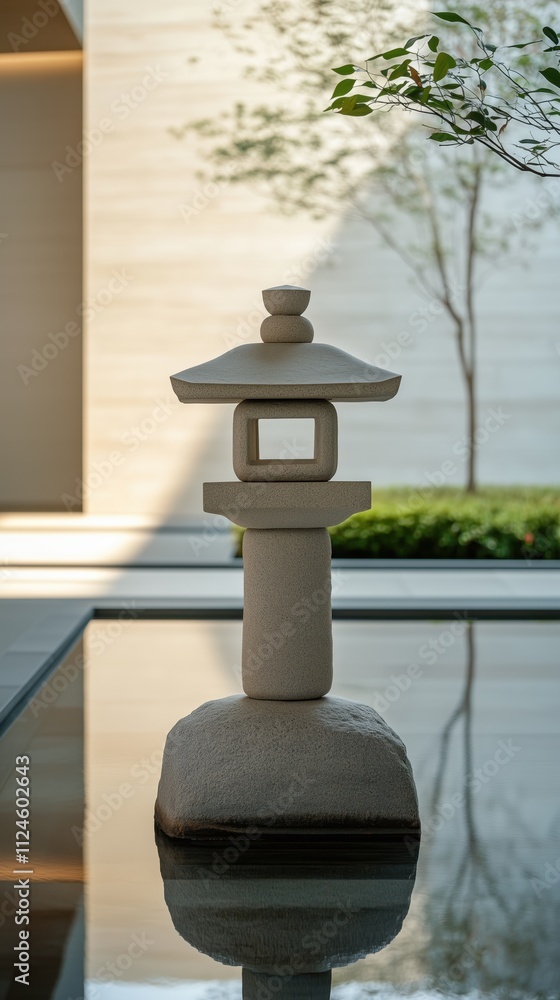 Obraz premium Tranquil japanese garden with stone lantern in serene modern setting