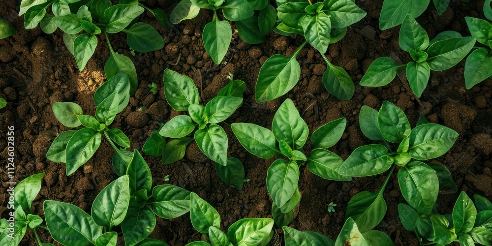 top view green young seedlings of sweet pepper plants in a soil leaves top view green young seedlings of sweet pepper plants in a soil leaves