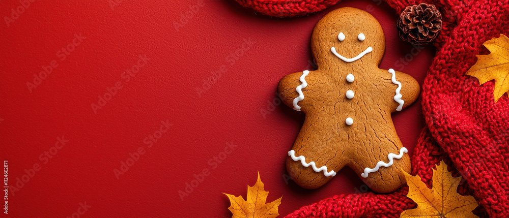 A cheerful gingerbread man rests on a festive red background, surrounded by autumn leaves and a cozy scarf, embodying holiday spirit. A cheerful gingerbread man rests on a festive red background, surrounded by autumn leaves and a cozy scarf, embodying holiday spirit.