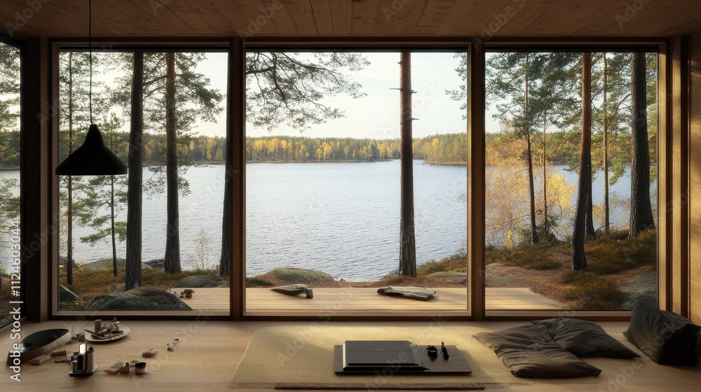 Fototapeta premium Serene Lakeside Cabin Retreat with Panoramic Forest View