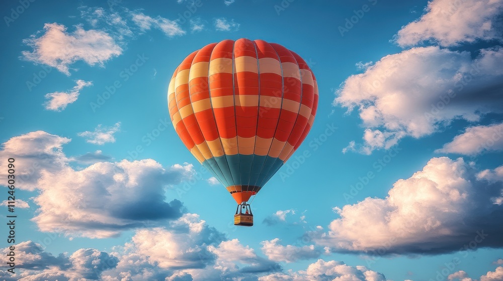 Colorful hot air balloon soaring in a blue sky with clouds. Colorful hot air balloon soaring in a blue sky with clouds.