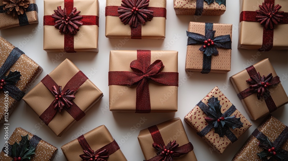 A collection of beautifully wrapped gifts for a festive occasion. A collection of beautifully wrapped gifts for a festive occasion.