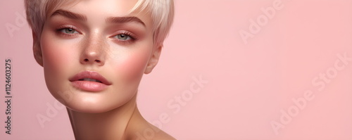 Portrait of a young model with perfect skin and natural makeup with pink hair. Cosmetology banner copyspace.