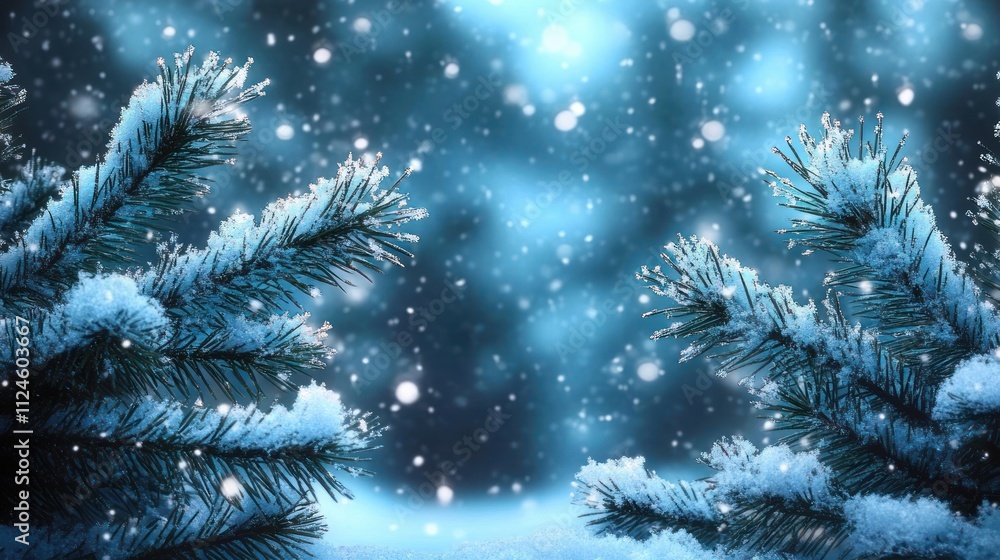 Serene Winter Landscape with Snow-Covered Pine Branches and Soft Bokeh Lights for Christmas and New Year Celebration Serene Winter Landscape with Snow-Covered Pine Branches and Soft Bokeh Lights for Christmas and New Year Celebration