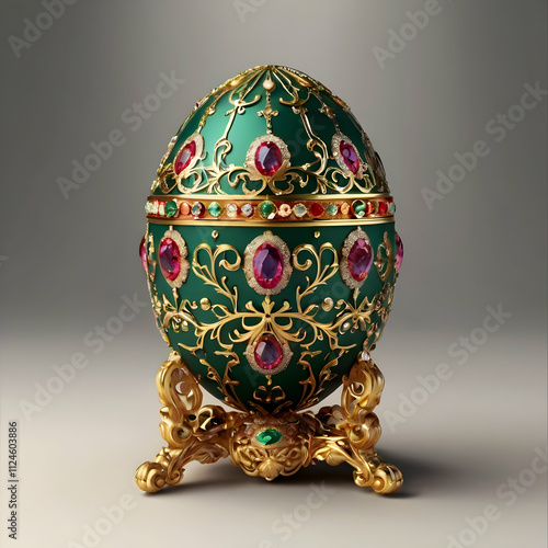 A luxurious 3D illustration of a Fabergé egg, reflecting the splendor of the Romanov era. The egg is intricately detailed with golden accents, delicate engravings, and encrusted gemstones, set against