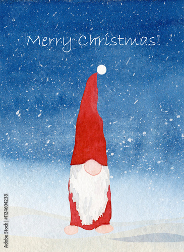 Christmas card with a gnome in the snow and text 'Merry Christmas' in authentic watercolor painting photo