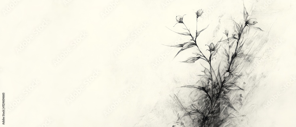 Obraz premium A finely detailed sketch of wildflowers is portrayed against a subtle, light background, emphasizing the elegance of nature in a minimalist style