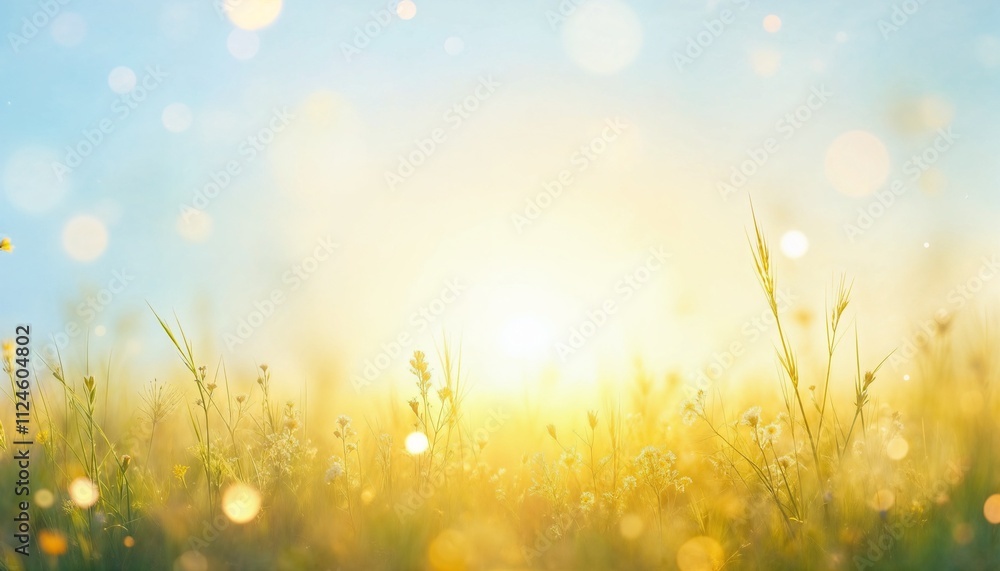 Obraz premium Beautiful Sunlit Meadow with Dew Drops Sparkling in Morning Light Background