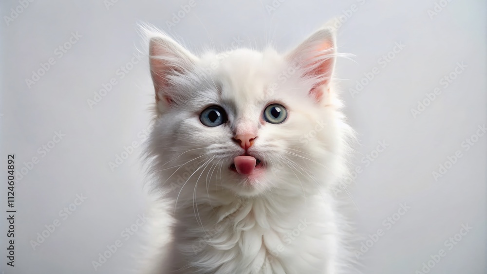 Adorable Fluffy White Kitten with Whiskers Licking Lips and Open Mouth on a Clean White Background in a Studio Setting Ideal for Web Banners and Pet Photography Projects Adorable Fluffy White Kitten with Whiskers Licking Lips and Open Mouth on a Clean White Background in a Studio Setting Ideal for Web Banners and Pet Photography Projects