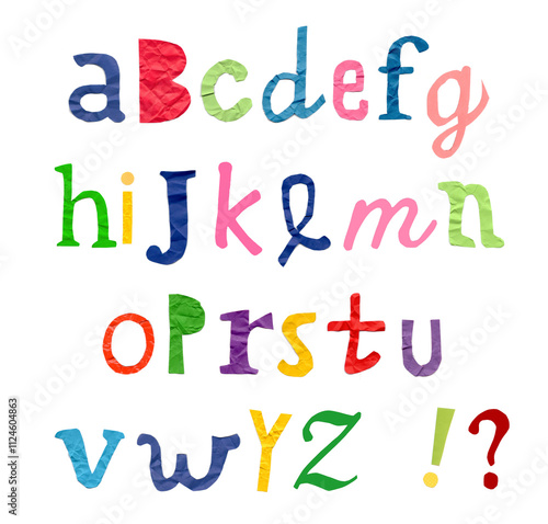 Colorful alphabet made of crumpled paper with lowercase letters and punctuation marks. photo