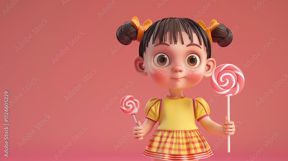 A 3D cartoon of a girl with brown hair and pigtails wearing a yellow shirt and a plaid skirt, holding two lollipops. A 3D cartoon of a girl with brown hair and pigtails wearing a yellow shirt and a plaid skirt, holding two lollipops.