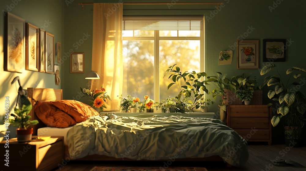 Sunlit bedroom with plants, bed, and window. Sunlit bedroom with plants, bed, and window.