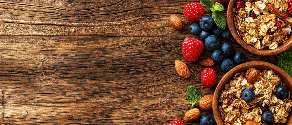 A vibrant display of granola, berries, and nuts arranged on a wooden surface, highlighting a healthy and colorful breakfast option. A vibrant display of granola, berries, and nuts arranged on a wooden surface, highlighting a healthy and colorful breakfast option.