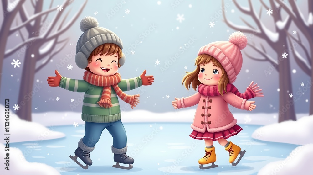 Children Ice Skating on a Frozen Pond in a Cheerful Winter Scene Children Ice Skating on a Frozen Pond in a Cheerful Winter Scene