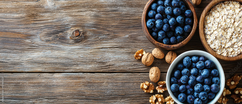 A rustic wooden background features bowls of fresh blueberries, oats, and nuts, creating a healthy snack arrangement. A rustic wooden background features bowls of fresh blueberries, oats, and nuts, creating a healthy snack arrangement.